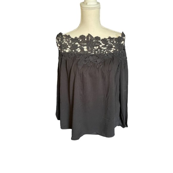 NWT Do + Be Womens Off the Shoulder Lace Top Blouse Long Sleeve Size S Black - Picture 1 of 6